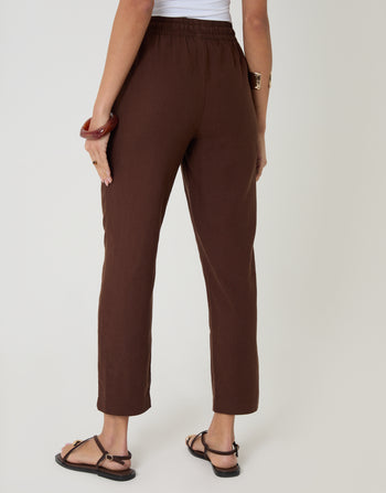 Threadbare Linen Blend Drawstring Trousers in Chocolate Brown - back view