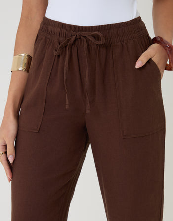 Threadbare Linen Blend Drawstring Trousers in Chocolate Brown - pockets close up
