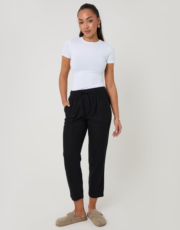 Threadbare Petite Linen Blend Drawstring Trousers in Black - full body