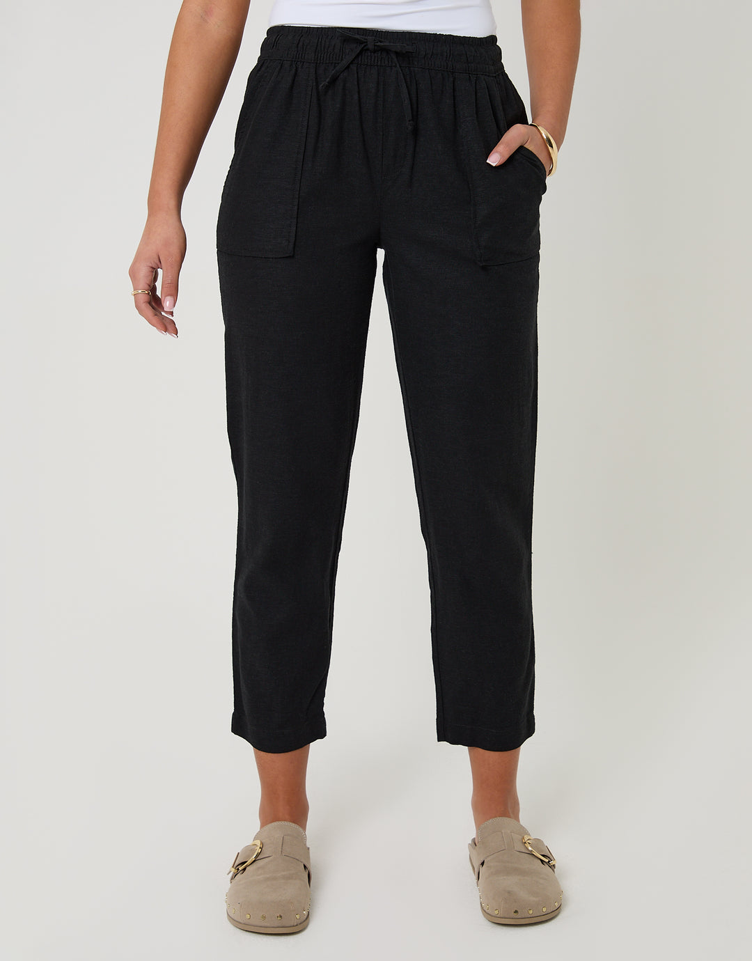 Threadbare Petite Linen Blend Drawstring Trousers in Black - front view