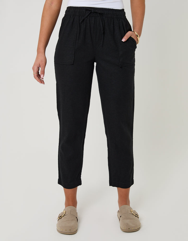 Threadbare Petite Linen Blend Drawstring Trousers in Black - front view