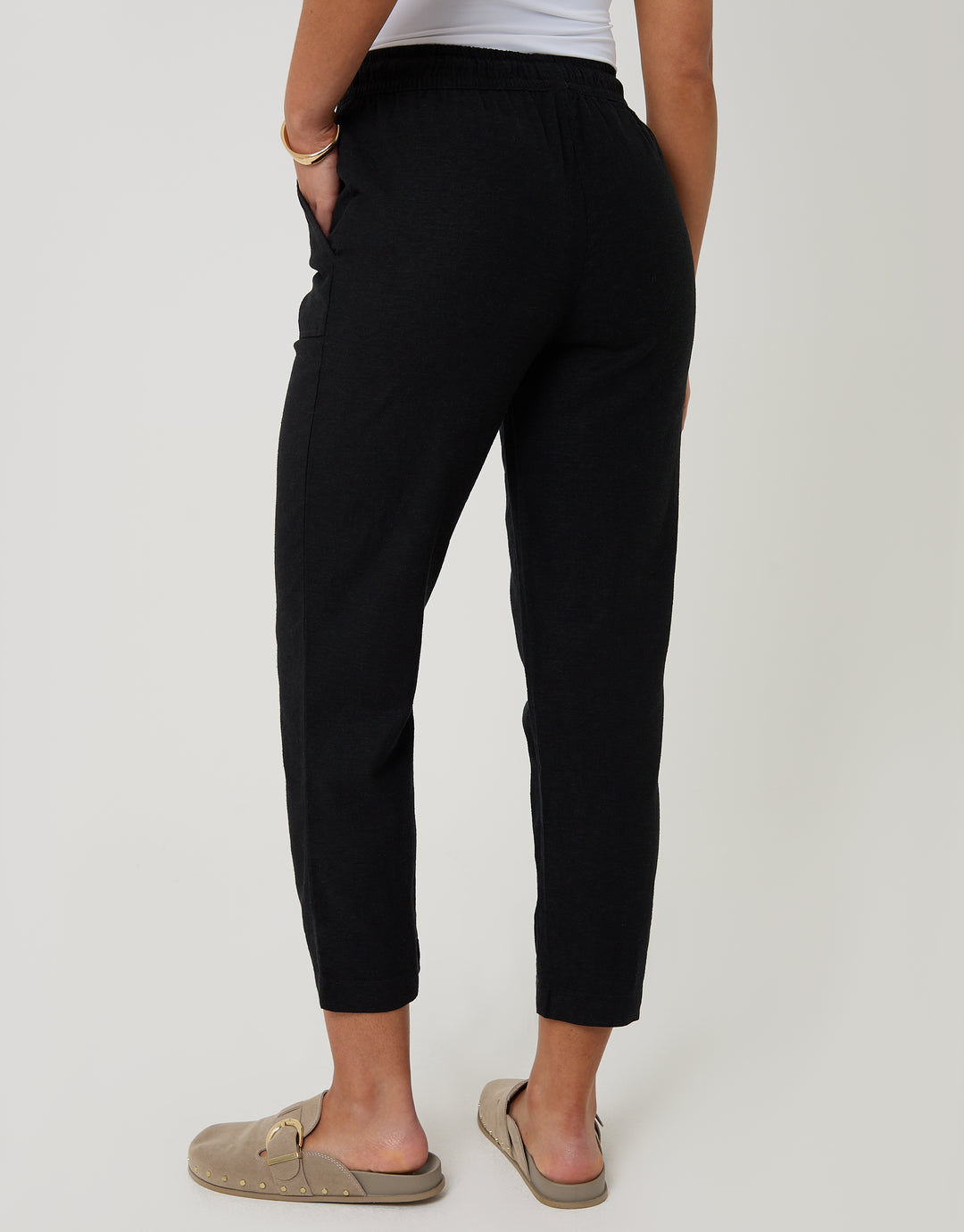 Threadbare Linen Blend Drawstring Trousers in Black - back view