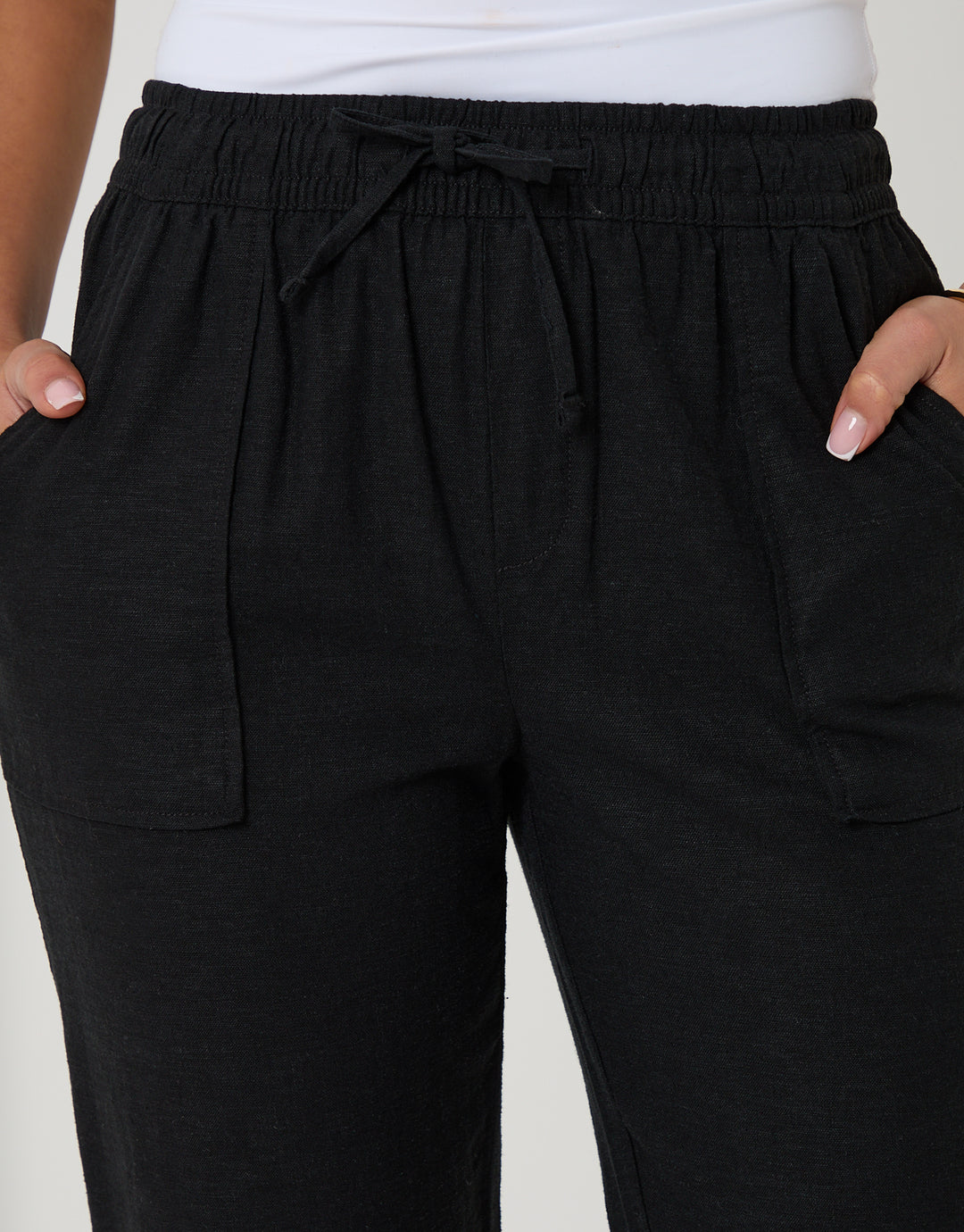 Threadbare Linen Blend Drawstring Trousers in Black - pockets close up