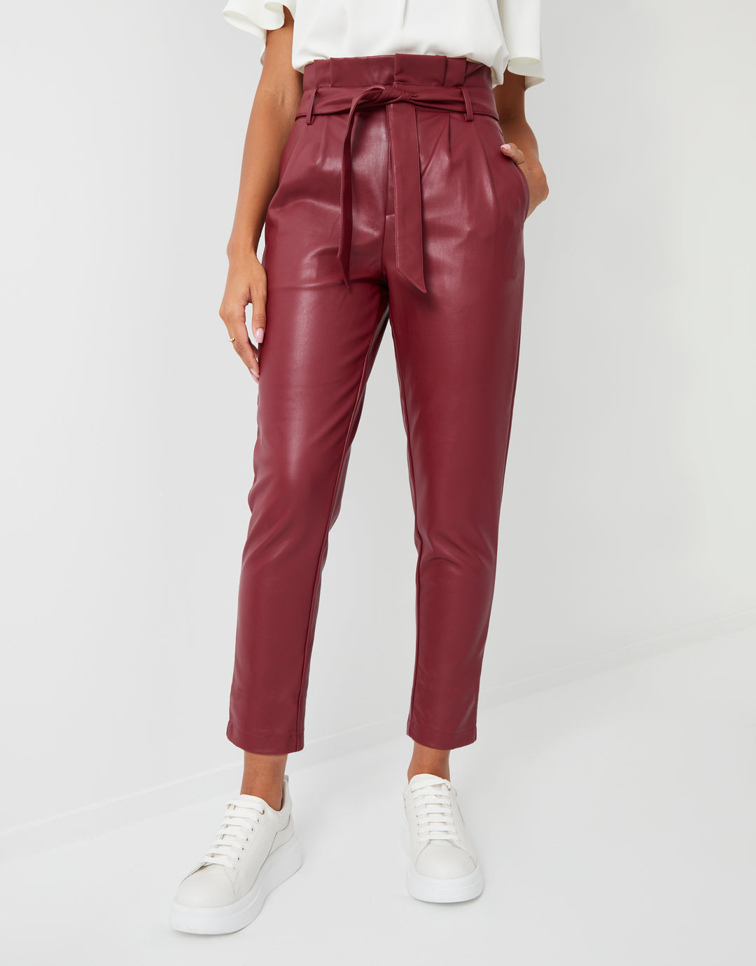 Burgundy Paperbag Tie Waist Faux Leather PU Trousers