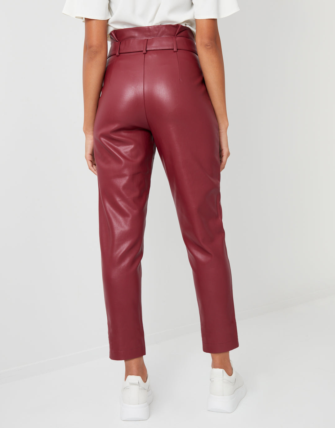 Burgundy Paperbag Tie Waist Faux Leather PU Trousers