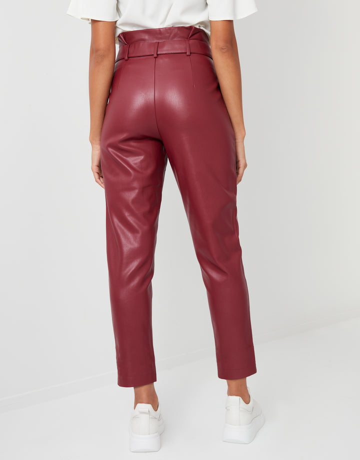 Burgundy Paperbag Tie Waist Faux Leather PU Trousers