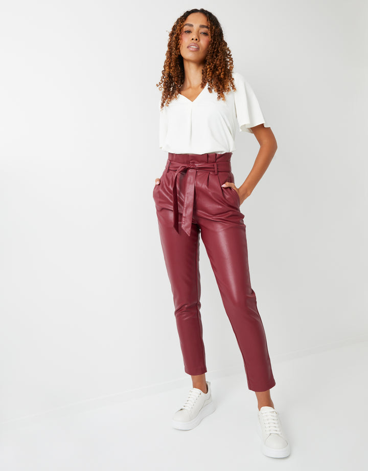 Burgundy Paperbag Tie Waist Faux Leather PU Trousers