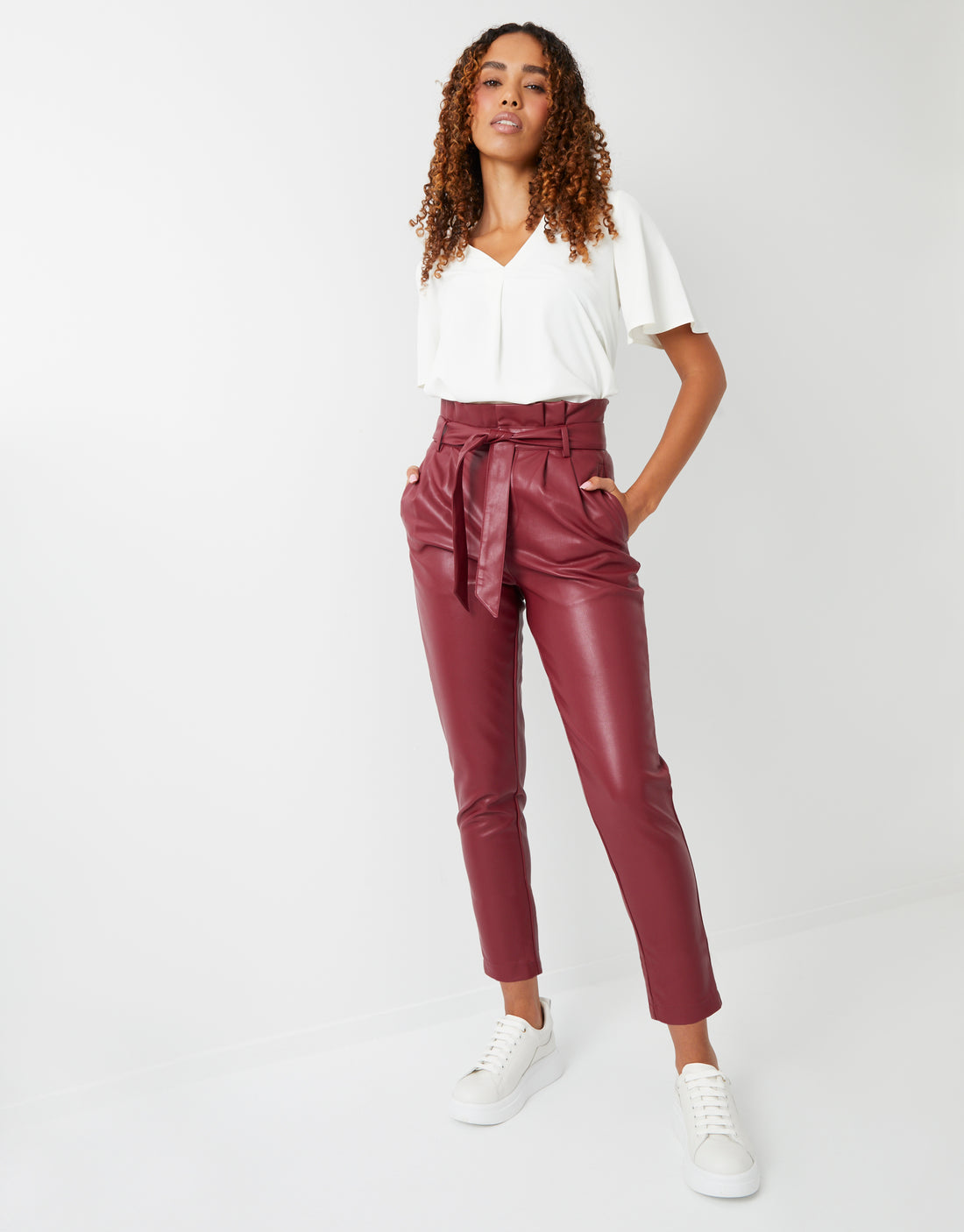 Heidi Paperbag Waist Faux Leather Trousers In Oxblood - Blush Boutique