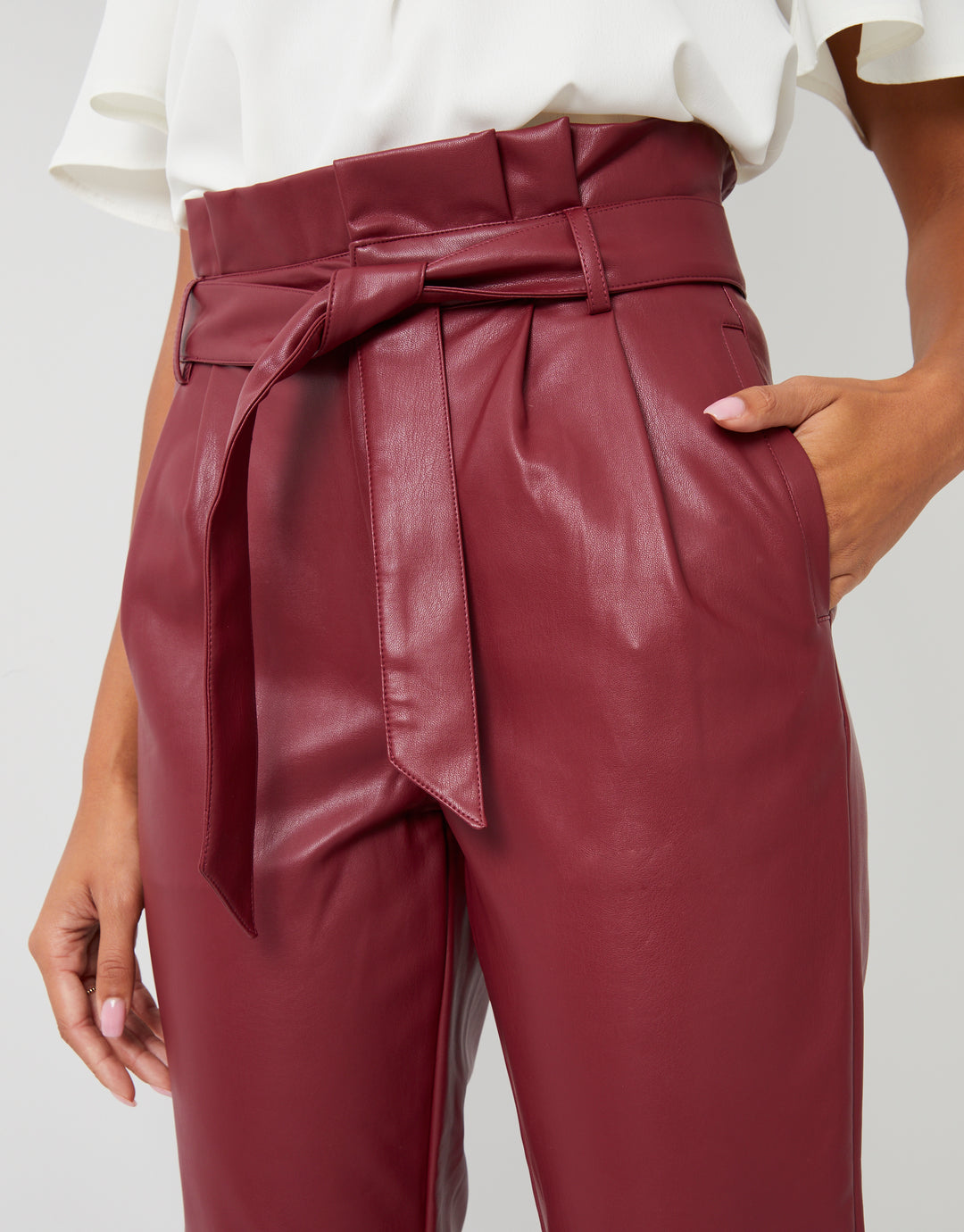 Burgundy Paperbag Tie Waist Faux Leather PU Trousers