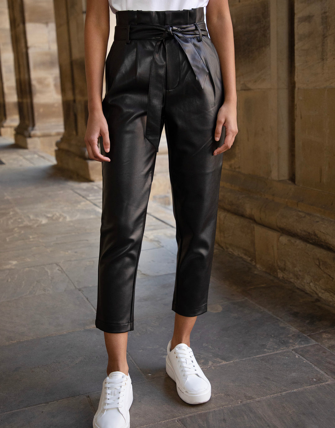 Black Paperbag Tie Waist Faux Leather PU Trousers