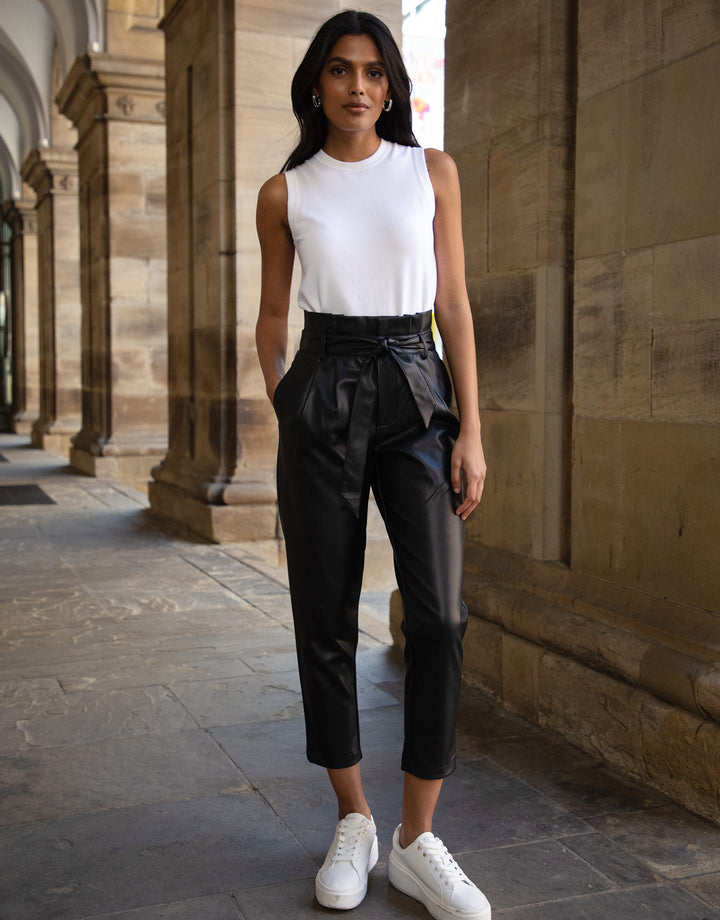 Black Paperbag Tie Waist Faux Leather PU Trousers