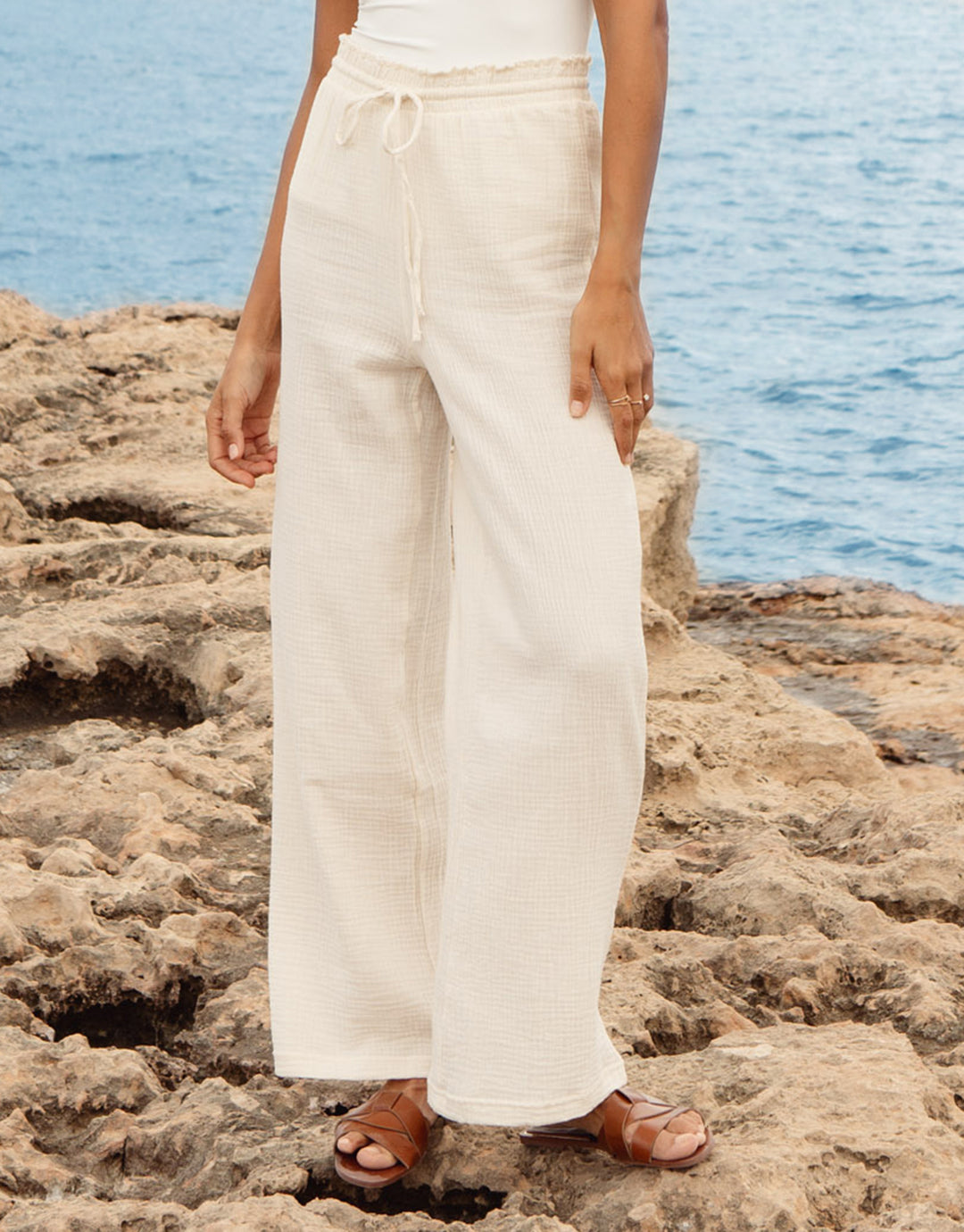 Stone Wide Leg Crinkle Cotton Trousers
