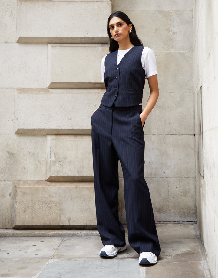 Navy Pinstripe Wide Leg Tailored Trousers