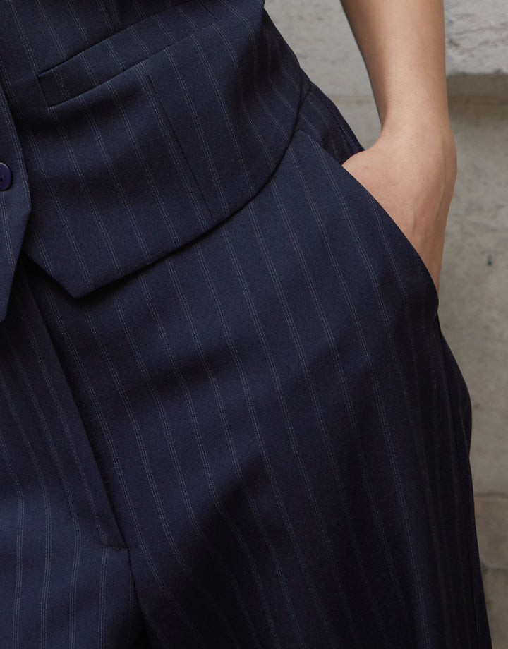 Navy Pinstripe Wide Leg Tailored Trousers