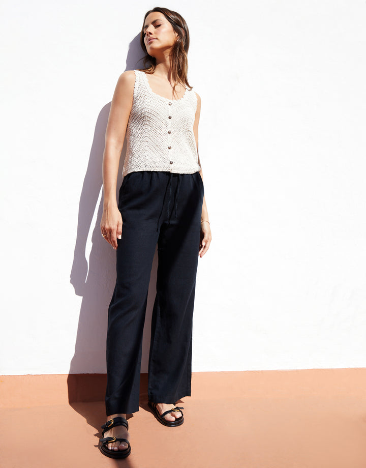 Black Linen Blend Wide Leg Trousers