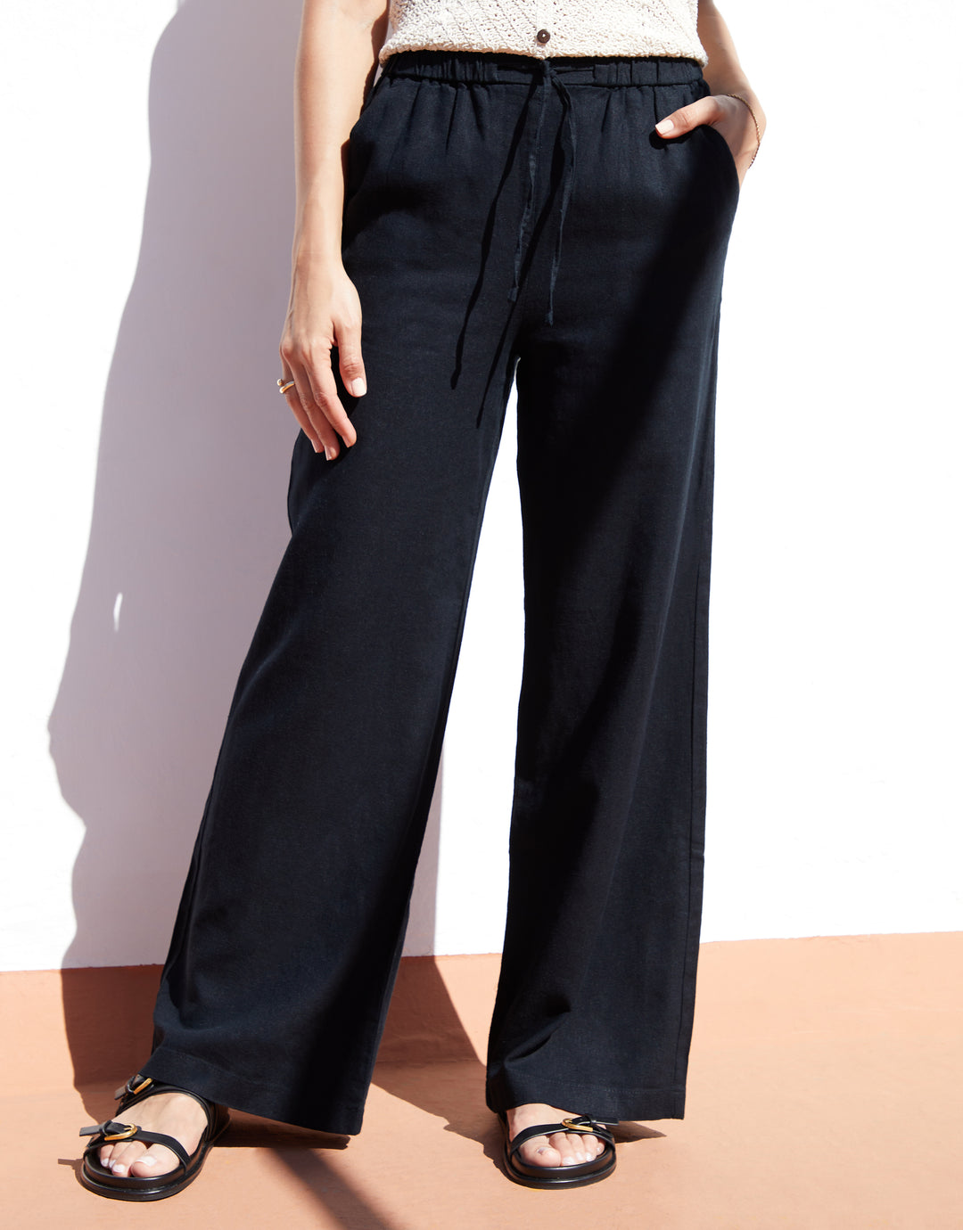 Black Linen Blend Wide Leg Trousers