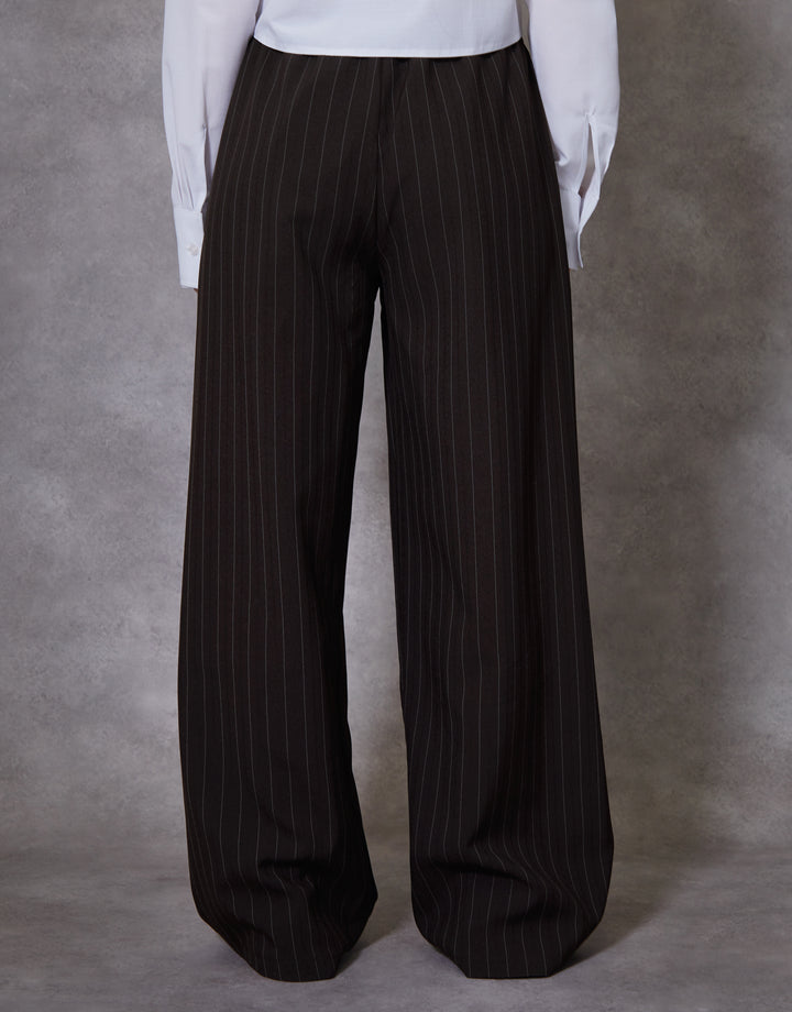 Chocolate Brown Pinstripe Boxer Waist Wide Leg Trouser