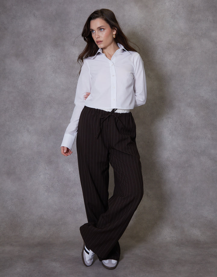 Chocolate Brown Pinstripe Boxer Waist Wide Leg Trouser