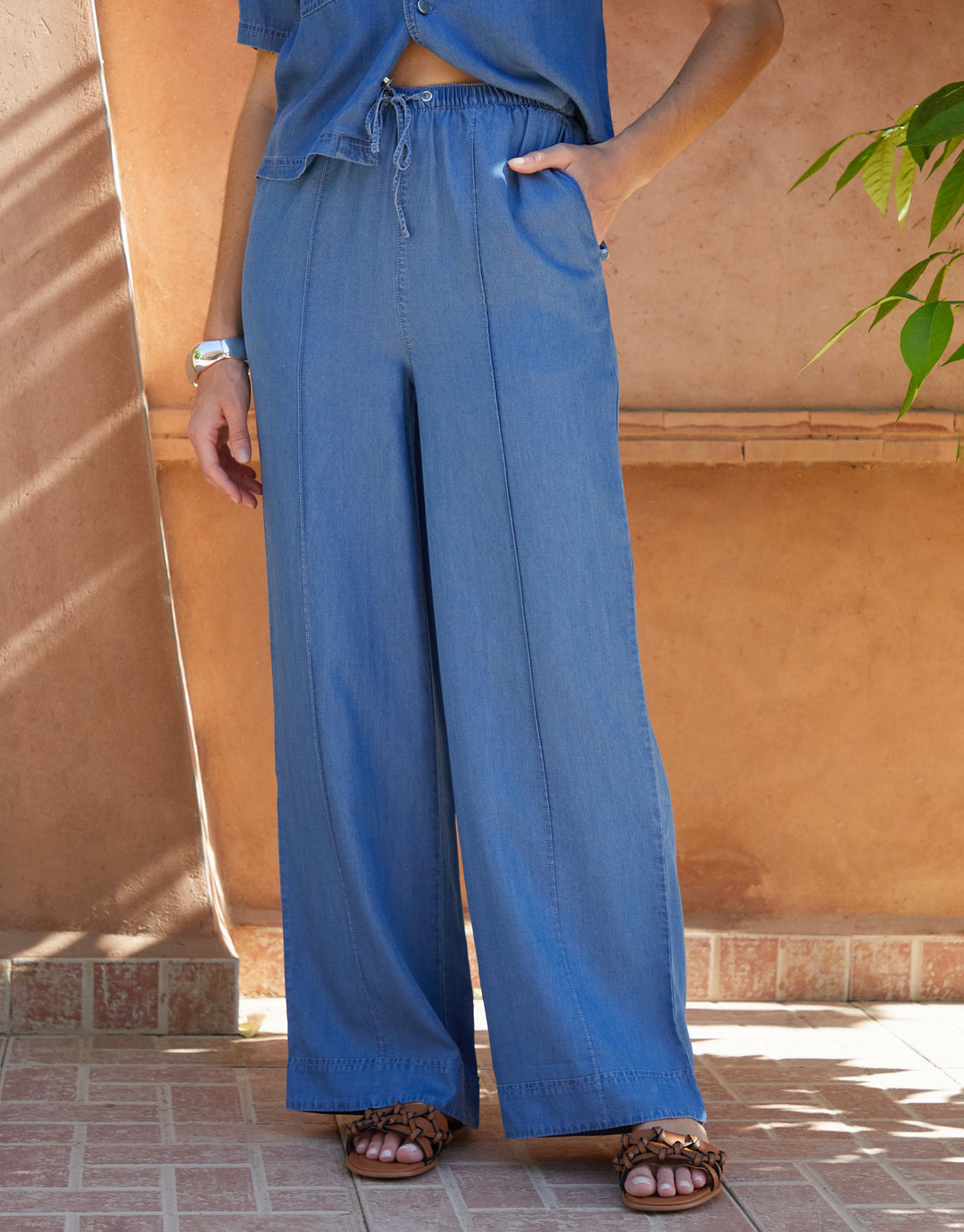 Light Wash Pull On Wide Leg Chambray Trousers