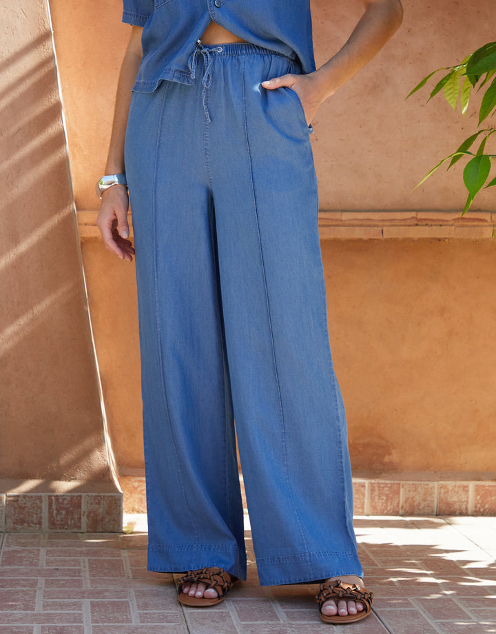 Light Wash Pull On Wide Leg Chambray Trousers