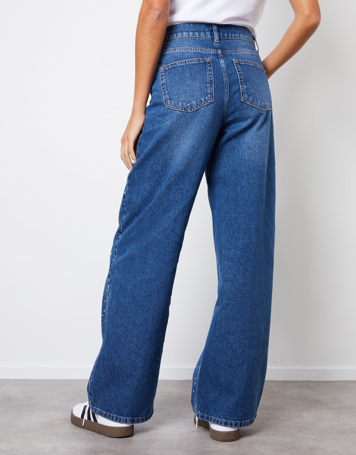 Wide Leg Rhinestone Embellished Jeans in Mid Wash
