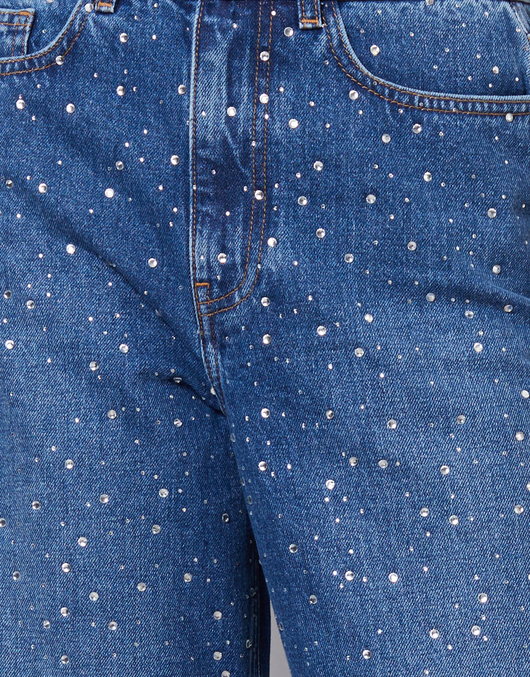 Wide Leg Rhinestone Embellished Jeans in Mid Wash