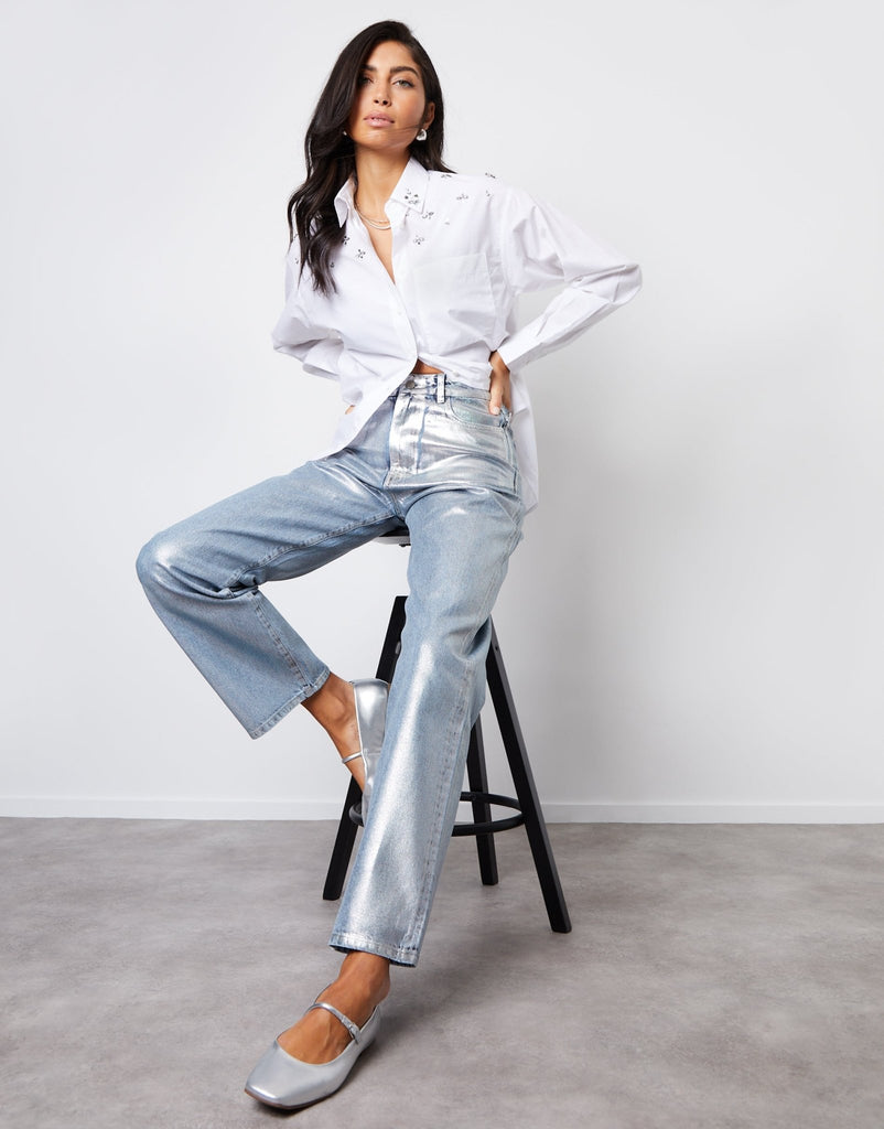 Wide Leg Coated Metallic Denim Jeans