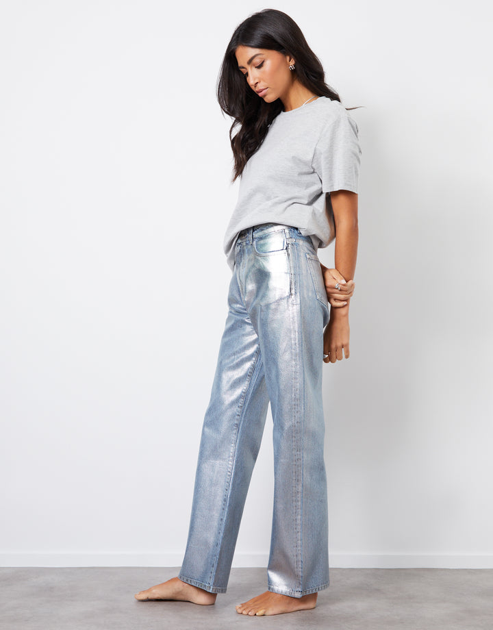 Wide Leg Coated Metallic Denim Jeans in Silver