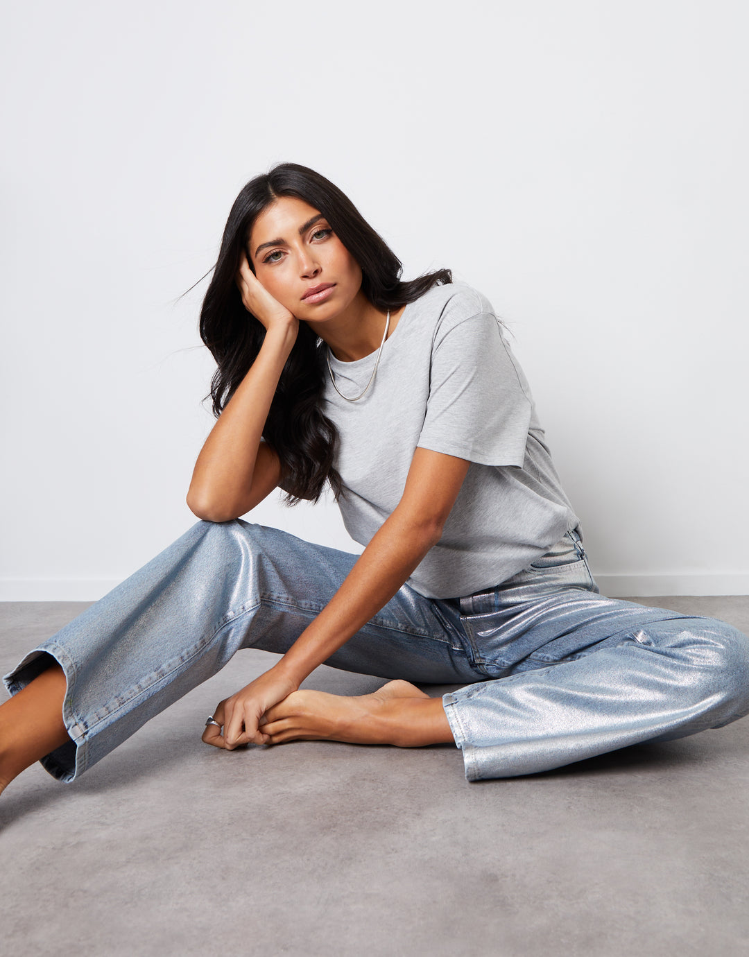 Wide Leg Coated Metallic Denim Jeans in Silver