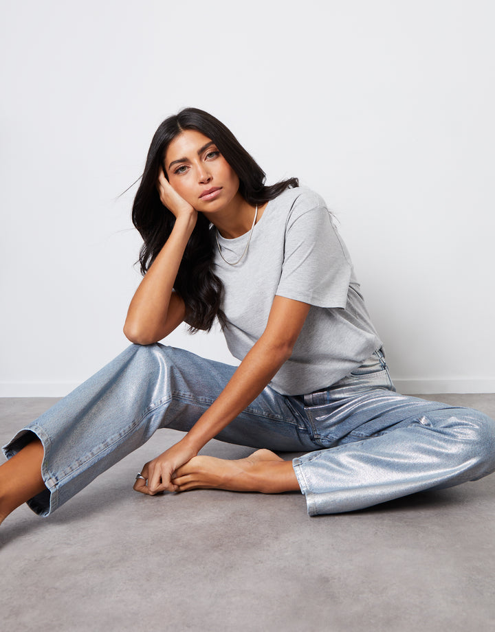 Wide Leg Coated Metallic Denim Jeans in Silver