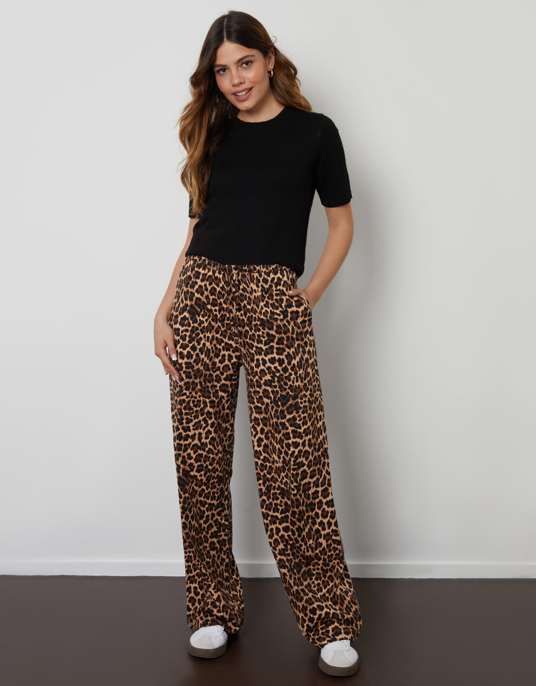 Wide Leg Jersey Trousers in Leopard Print