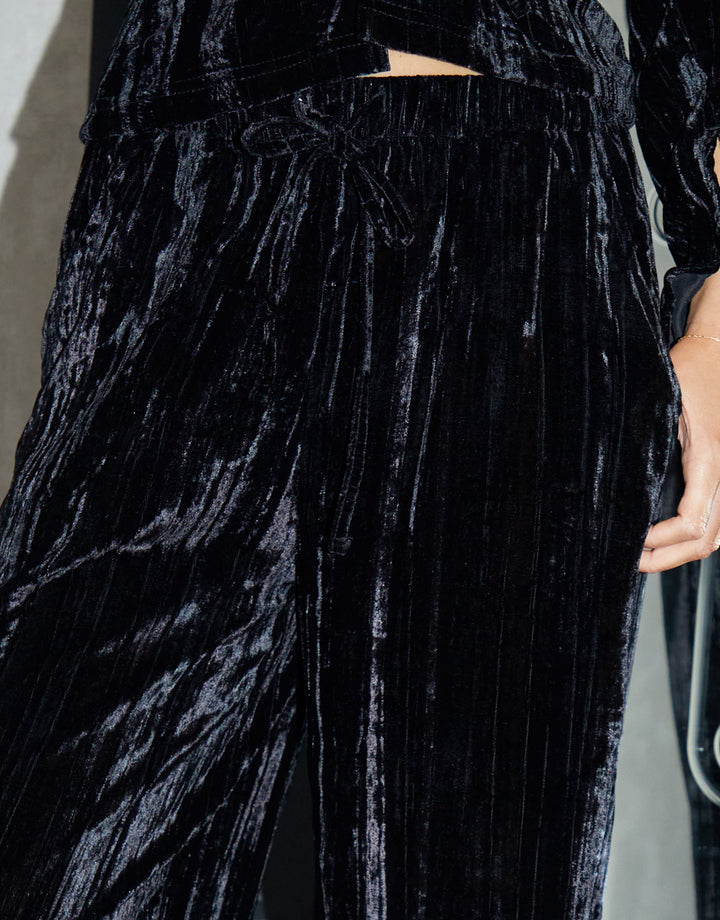 Black Crinkle Velvet Wide Leg Trousers
