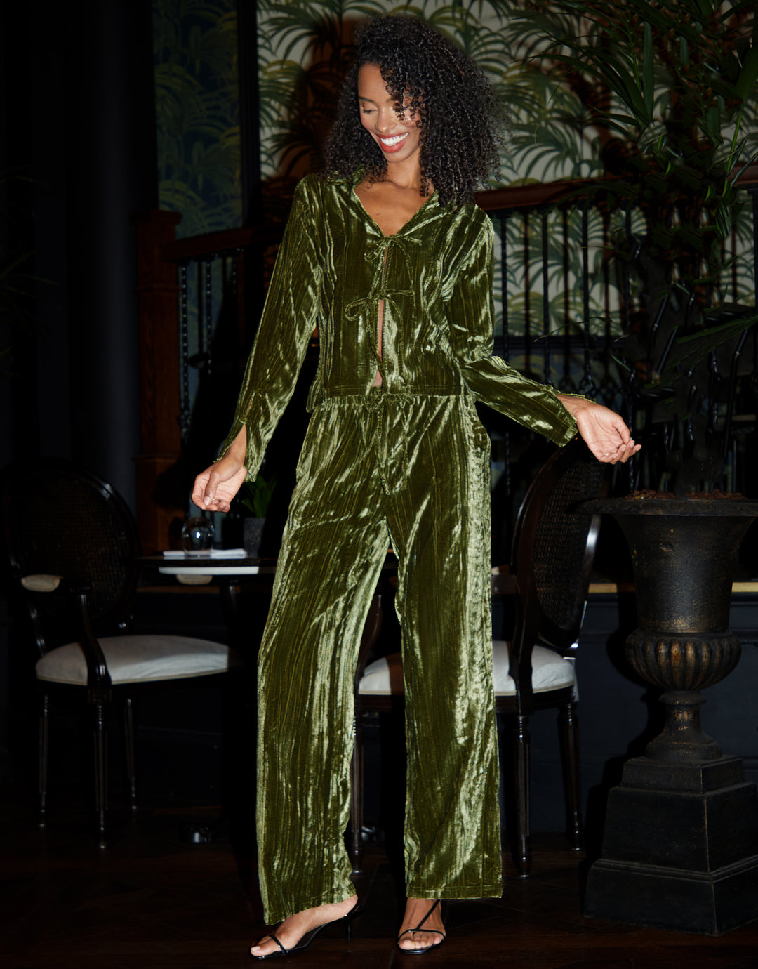 Green Crinkle Velvet Wide Leg Trousers