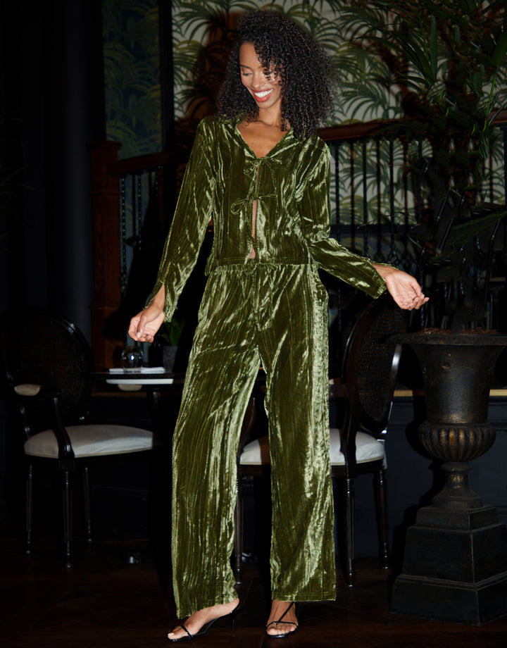 Green Crinkle Velvet Wide Leg Trousers