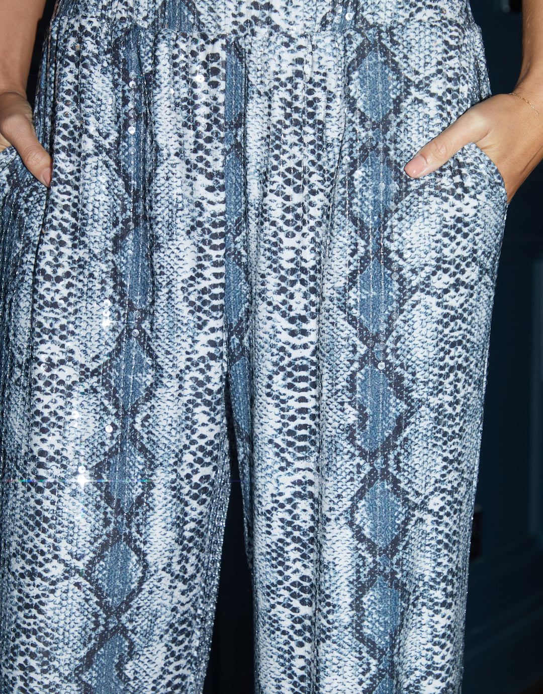 Snake Print Sequin Trousers in Grey