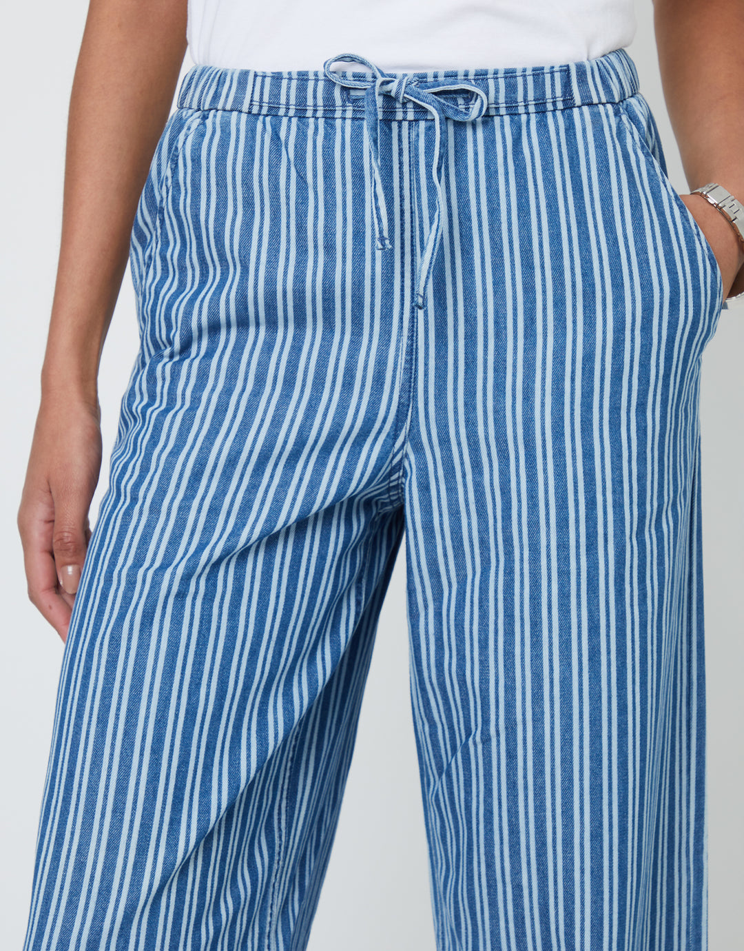 Petite Mid Wash Striped Baggy Leg Denim Trousers