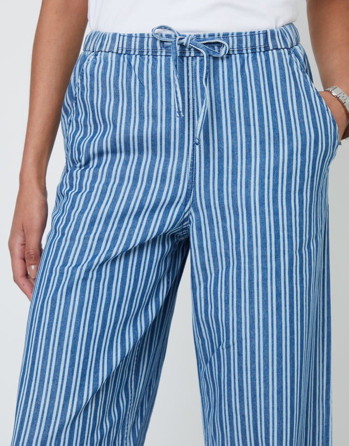 Mid Wash Striped Baggy Leg Denim Trousers