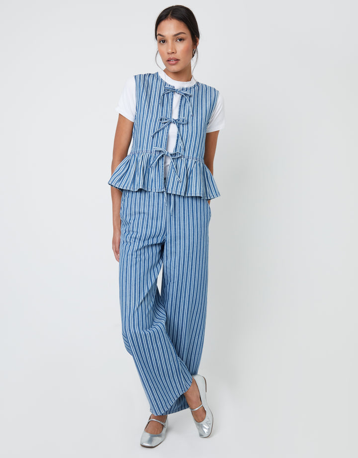 Mid Wash Striped Baggy Leg Denim Trousers