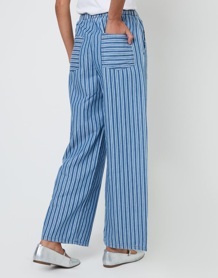 Petite Mid Wash Striped Baggy Leg Denim Trousers