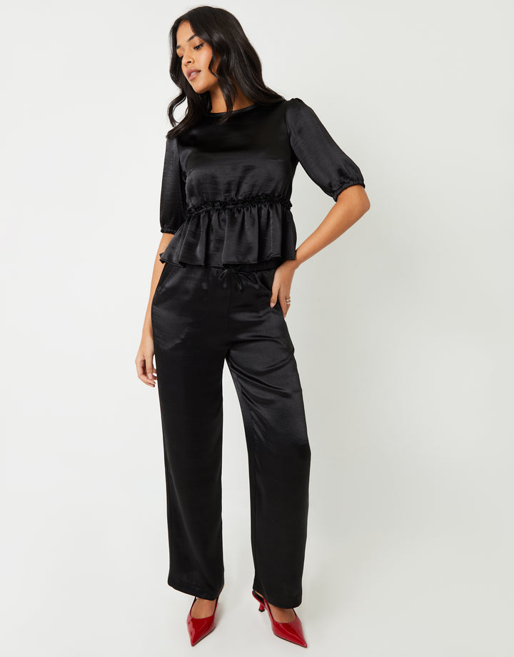 Wide Leg Satin Trousers in Black