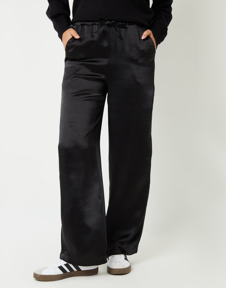 Wide Leg Satin Trousers in Black