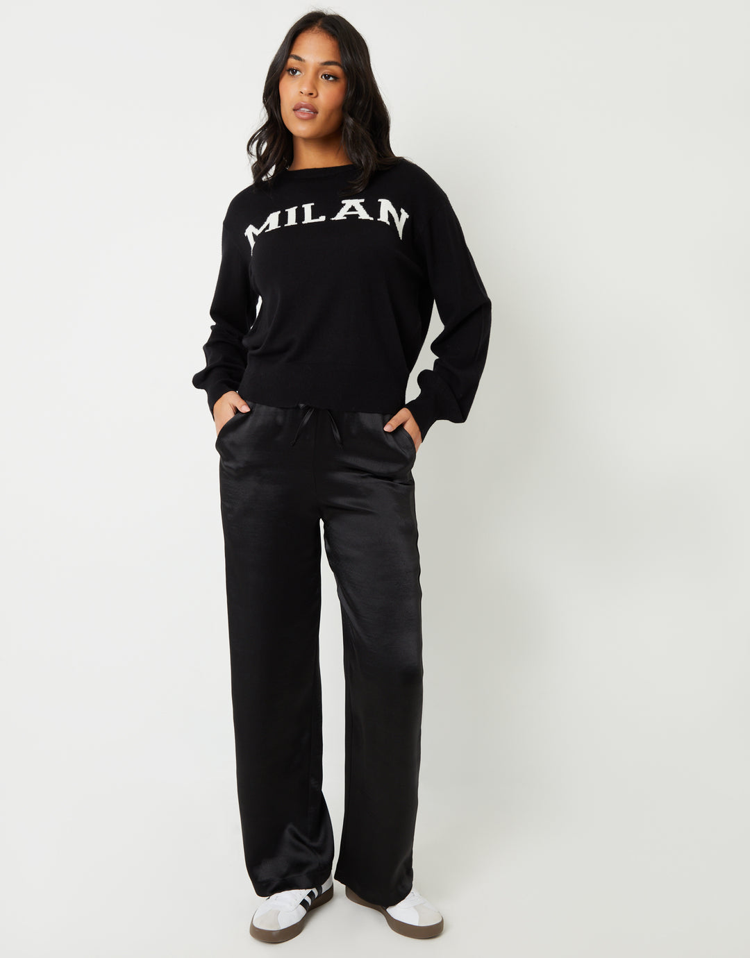 Wide Leg Satin Trousers in Black