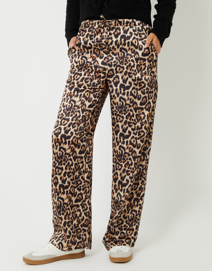 Leopard Print Wide Leg Satin Trousers