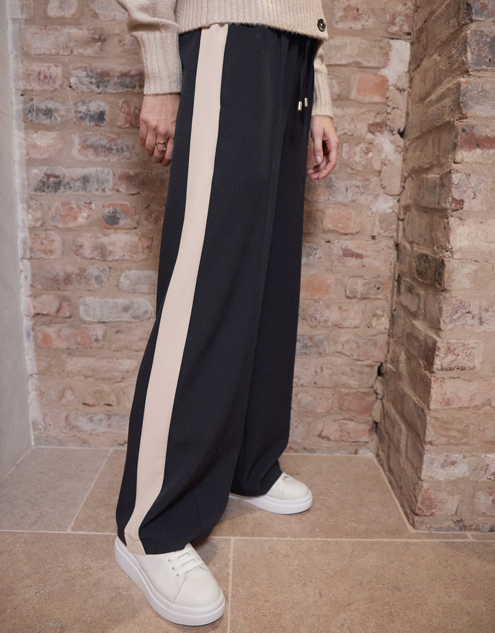 Black Side Stripe Pull On Wide Leg Trousers