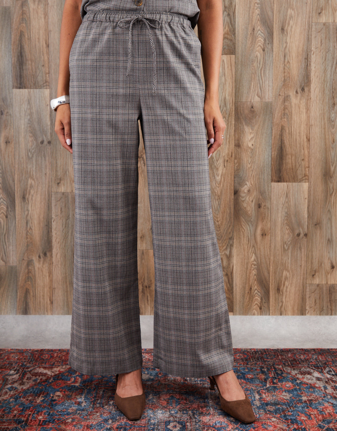 Grey Check Wide Leg Trousers