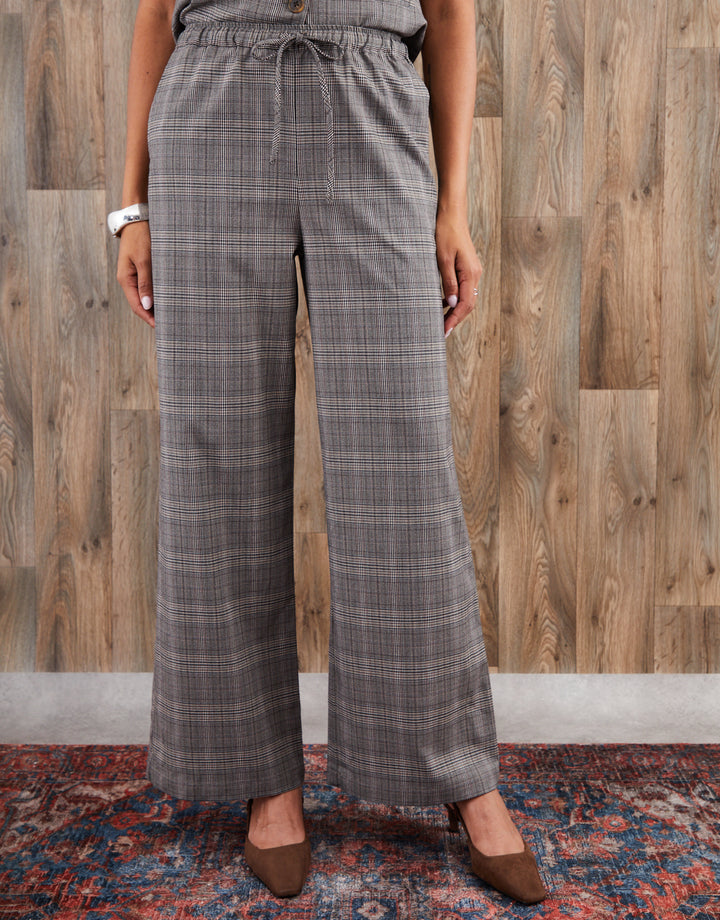 Grey Check Wide Leg Trousers