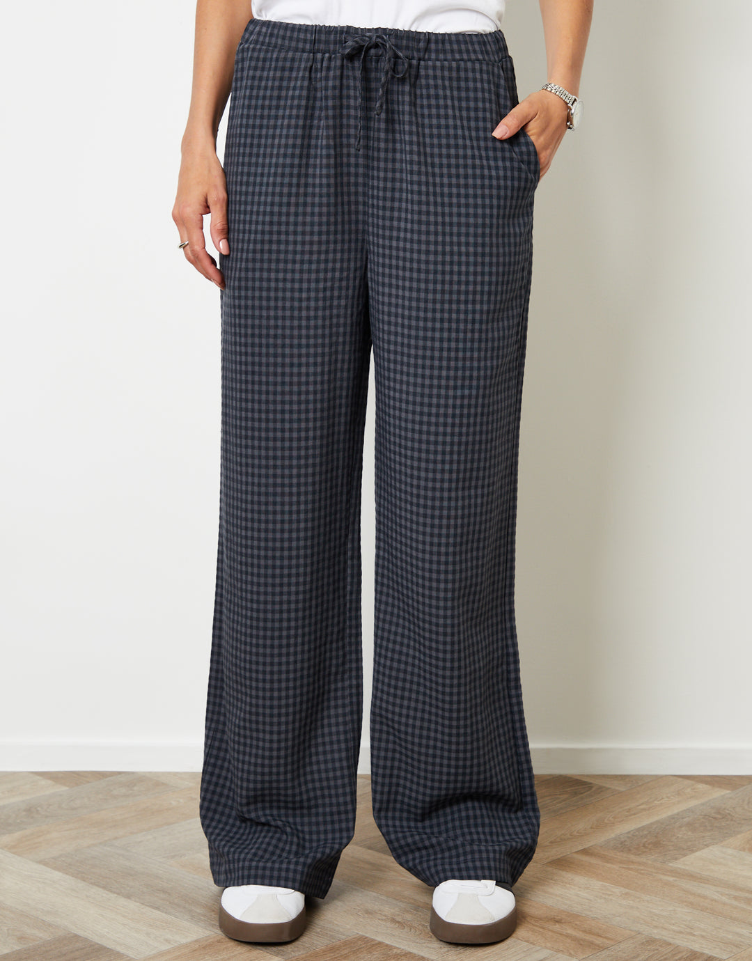 Wide Leg Trousers in Navy Gingham