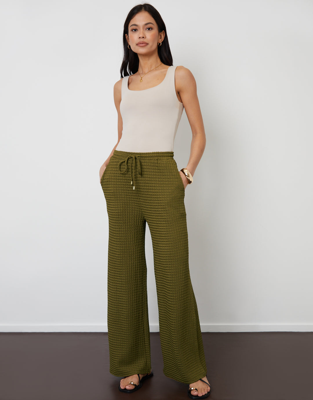Khaki Green Textured Jersey Wide Leg Trousers