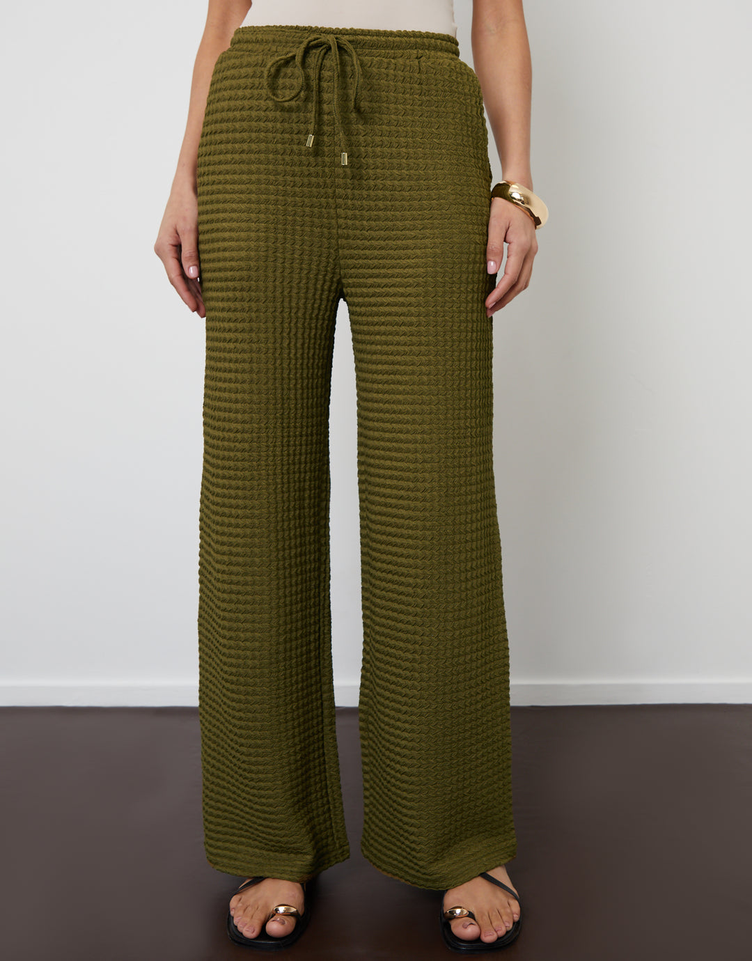 Khaki Green Textured Jersey Wide Leg Trousers
