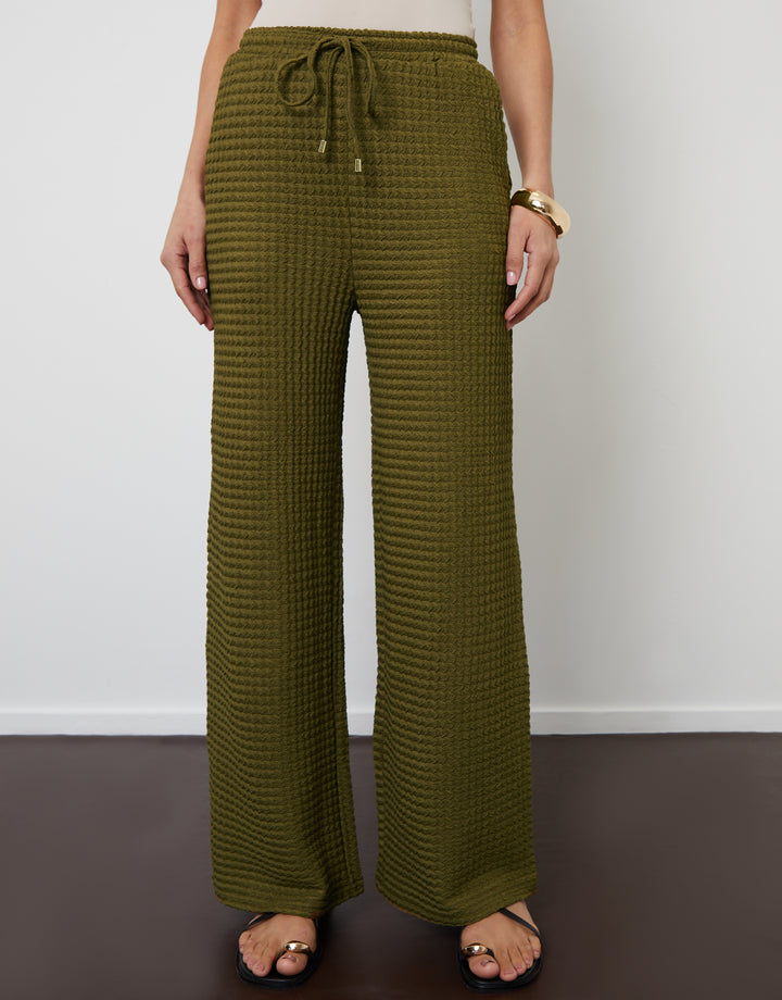 Khaki Green Textured Jersey Wide Leg Trousers